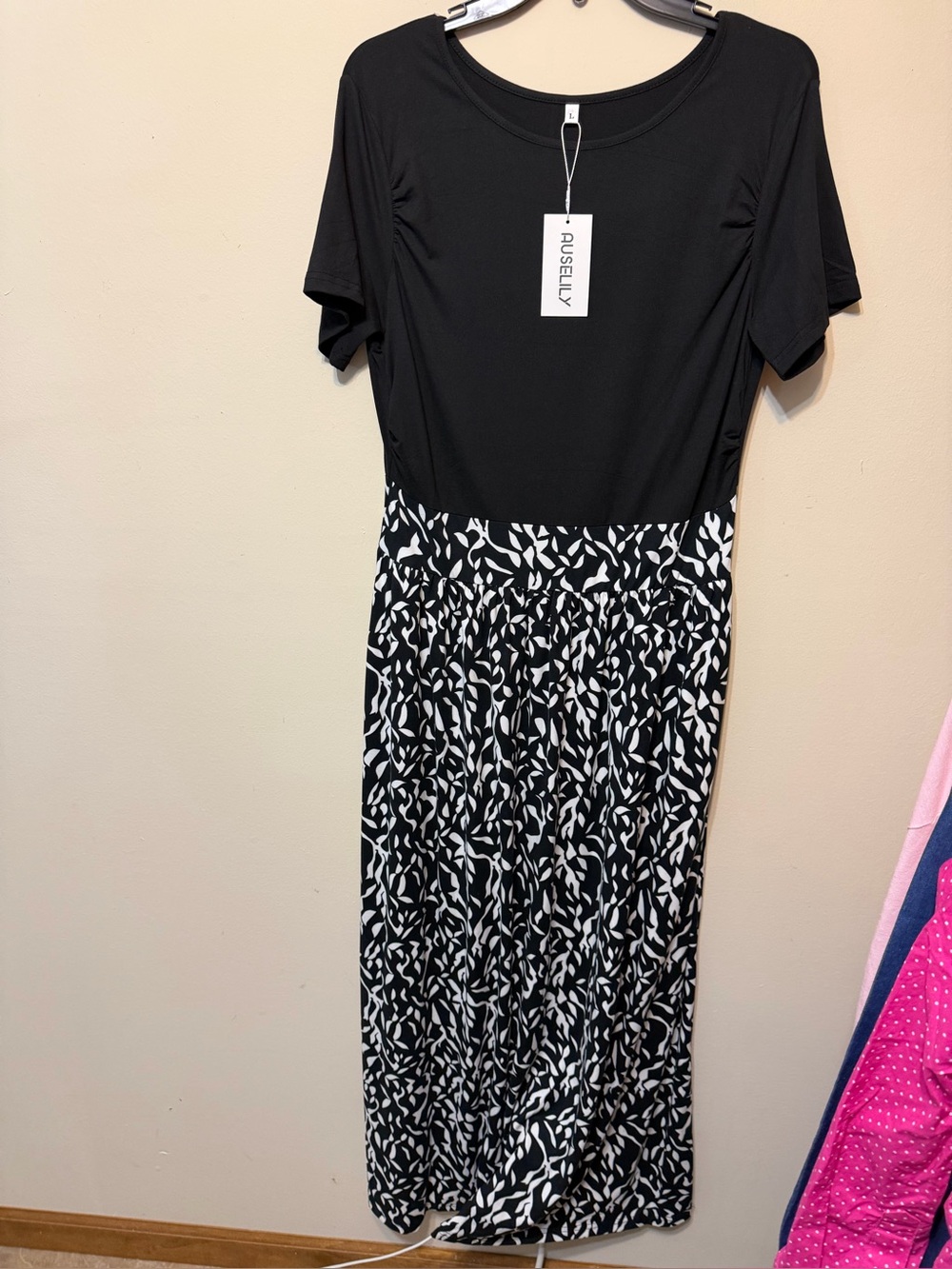 Black Maxi Dress with Monochrome Printed Skirt - Women's